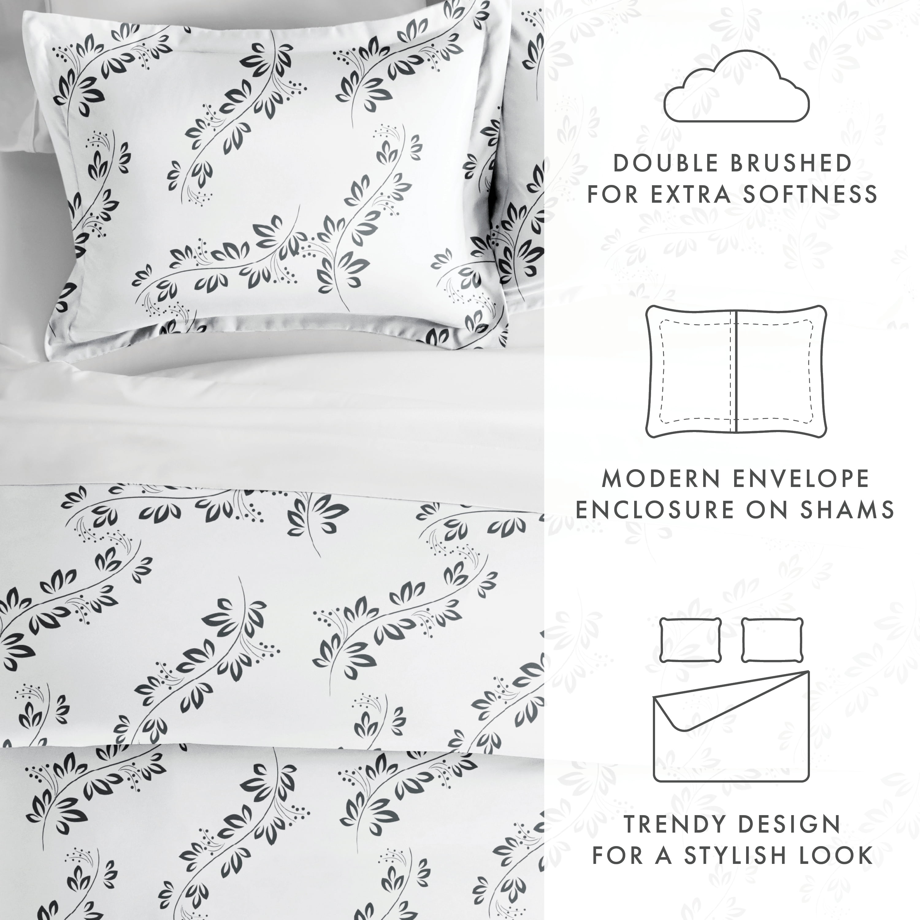 Noble Linens Gray Simple Vine Print Duvet Set 3-Piece Duvet Cover Set, Full/Queen