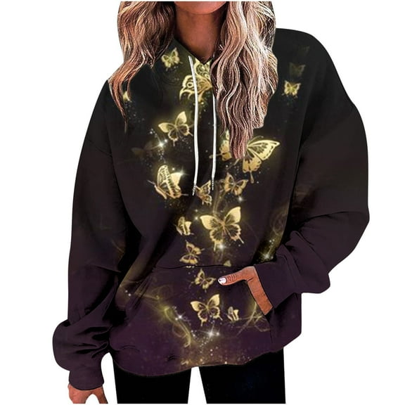 Usmixi Winter Hoodies for Women Womens Hooded Sweatshirt Plus Size Loose Fashion Pocket Drawstring Pullover Hoodie Sweater Casual Butterfly Print Hoodies 2023 Fall Long Sleeve Tops