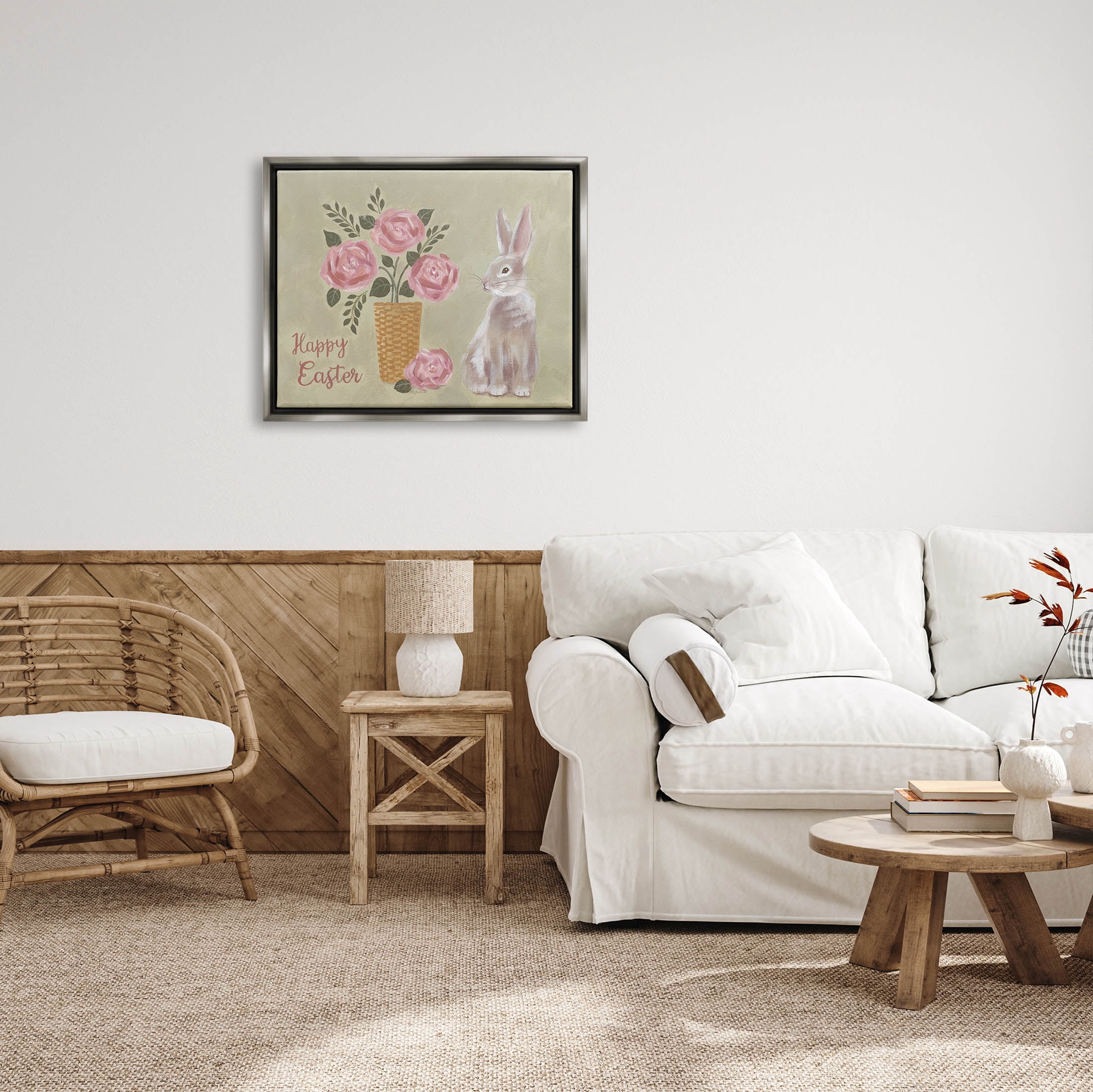 Stupell Industries Happy Easter Bunny Rose Bouquet Graphic Art Luster Gray Floating Framed Canvas Print Wall Art, Design by Pam Britton