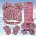 thumbnail image 2 of Women's Solid Color Jacquard Knit Hat Scarf Gloves Set, Three-Piece Winter Accessories with Double Pom Pom Beanie, Matching Knit Set for Cold Weather, Soft Thermal Winter Set for Women and Girls, 2 of 9