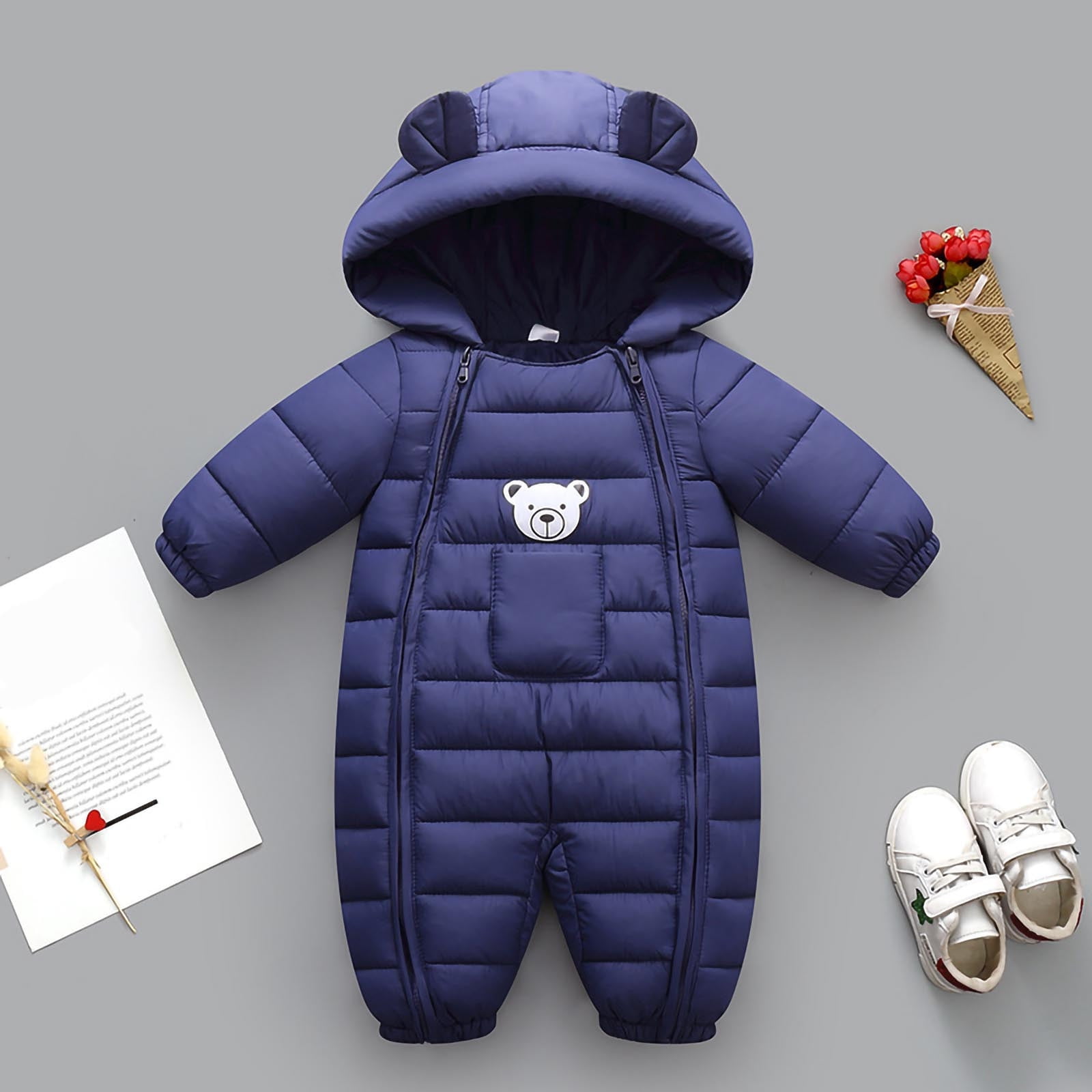 Newborn Velvet-Lined Jumpsuit Winter Baby One-Piece Outfit Long Sleeve Mittens Attached Warm Infant Romper Newborn Jumpsuit