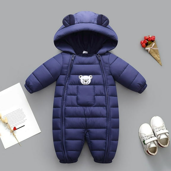 Toddler Baby Quilted Jumpsuit Winter Thermal Warm Hooded Footed One Piece Zip Up Romper Outdoor Play Daily Wear for Boy Girl 0-18 Months