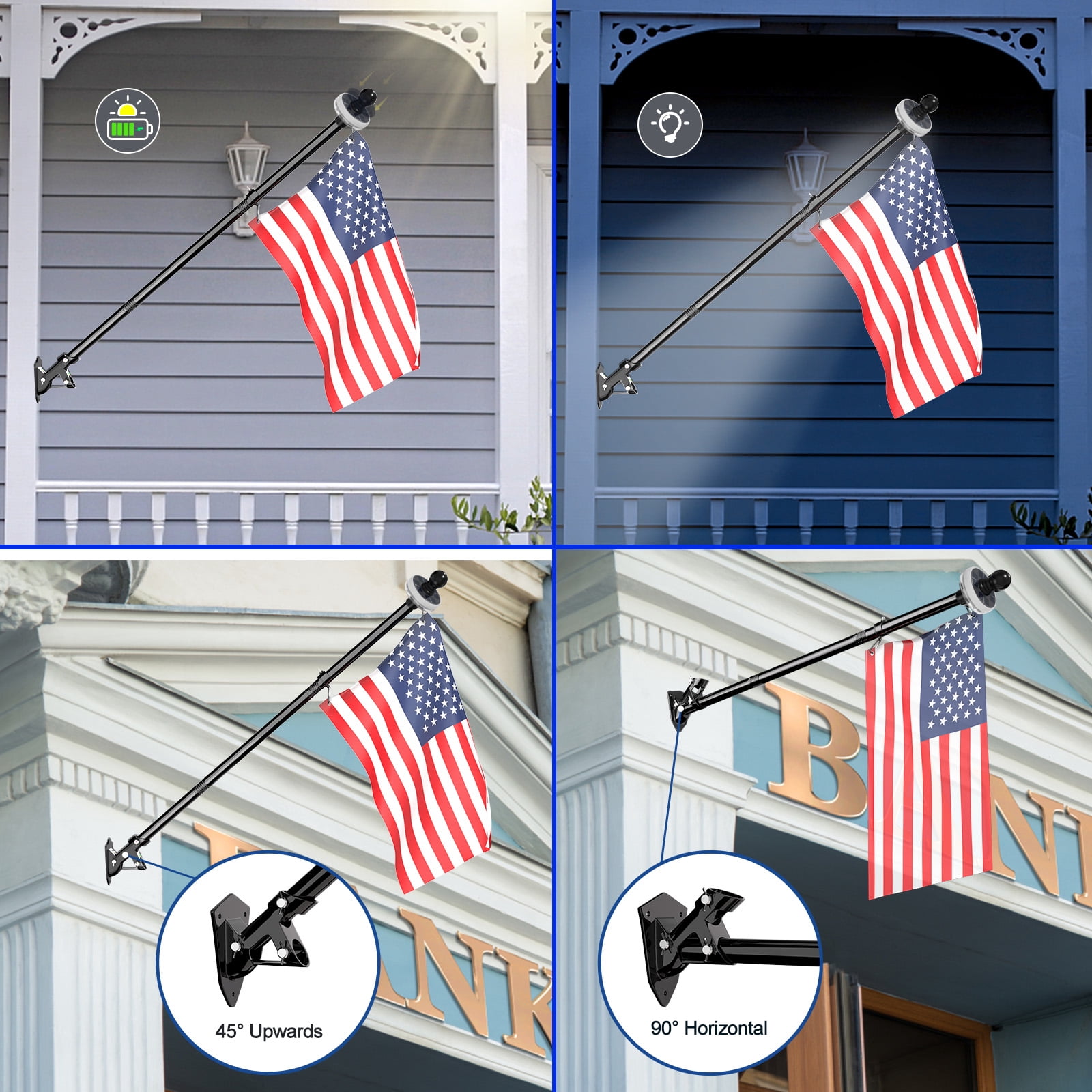 FIASON 1 Pack Black 5FT Wall-Mount Flag Pole with Solar Light for Outside House, Stainless Steel Tangle Free Flag Pole Kit with Bracket,Residential or Commerical for American Flag