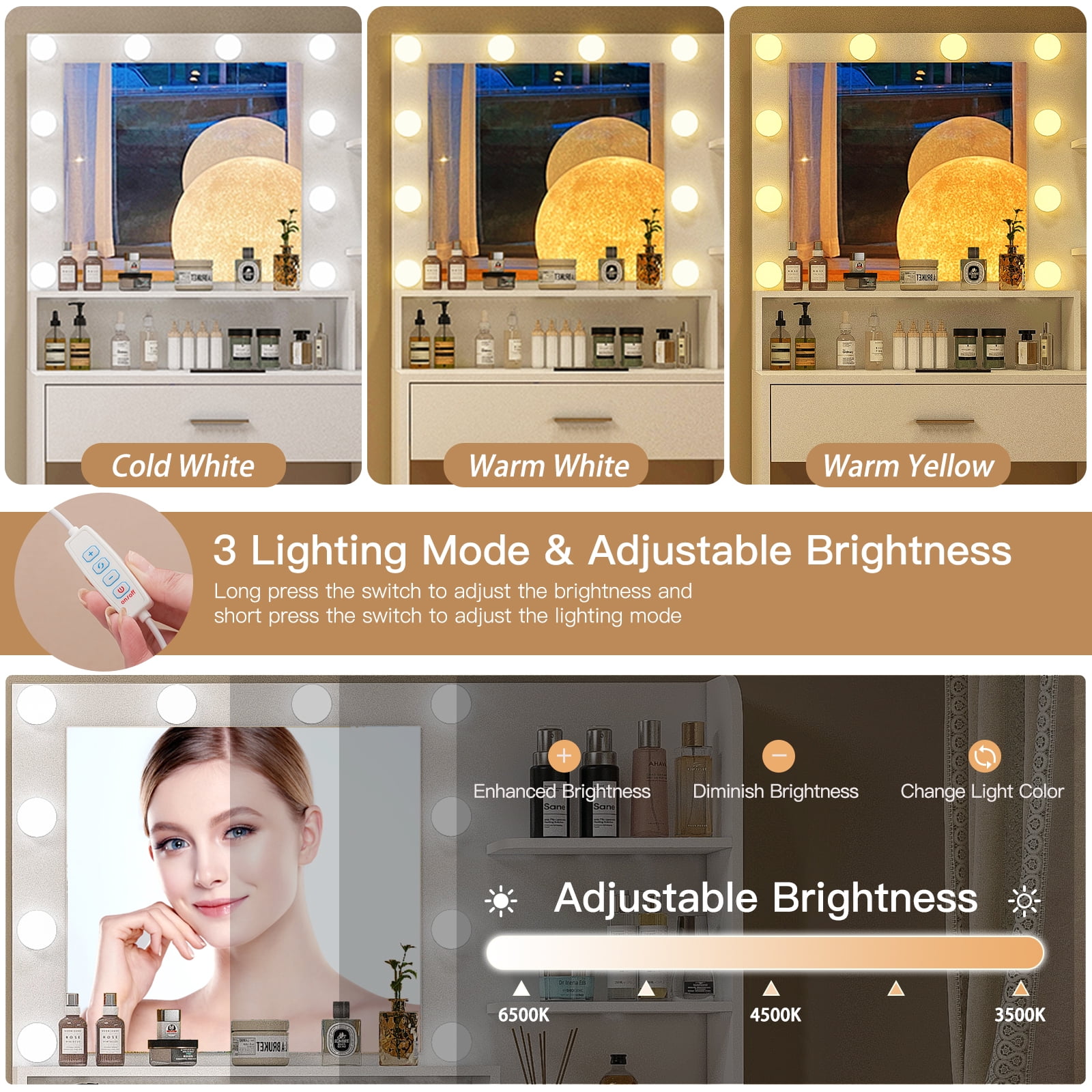 SOMLINE Vanity Set with Mirror, Vanity Desk with 5 Drawers & Storage Shelves, Makeup Vanity , 3 Color Modes & Adjustable Brightness, Bedroom, White