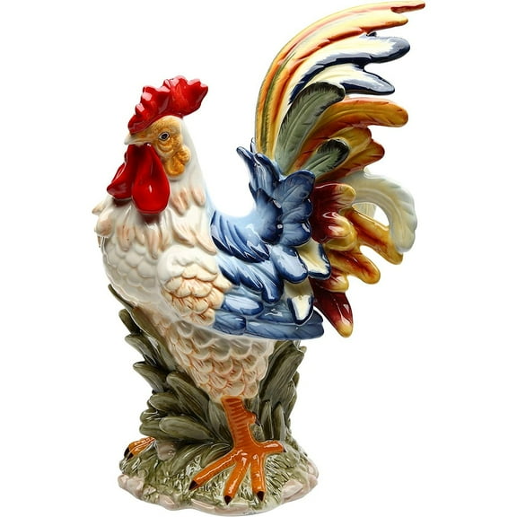 Bilot SS-CG-31980, 15.75 Inch Porcelain Painted Colorful Rooster Figurine Statue, Blue/Orange