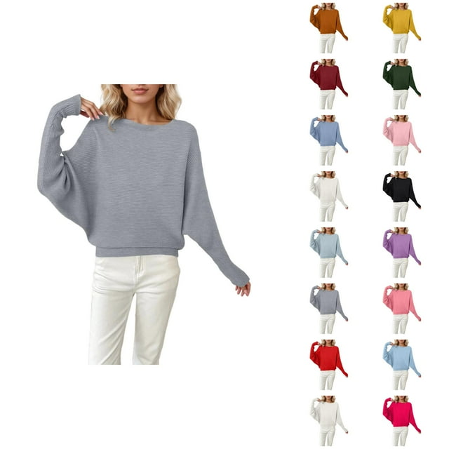 Chandails Surdimensionnés pour Femmes 2026 Automne Hiver Décontracté Manches Chauve-Souris Col Rond Chandail Tricoté