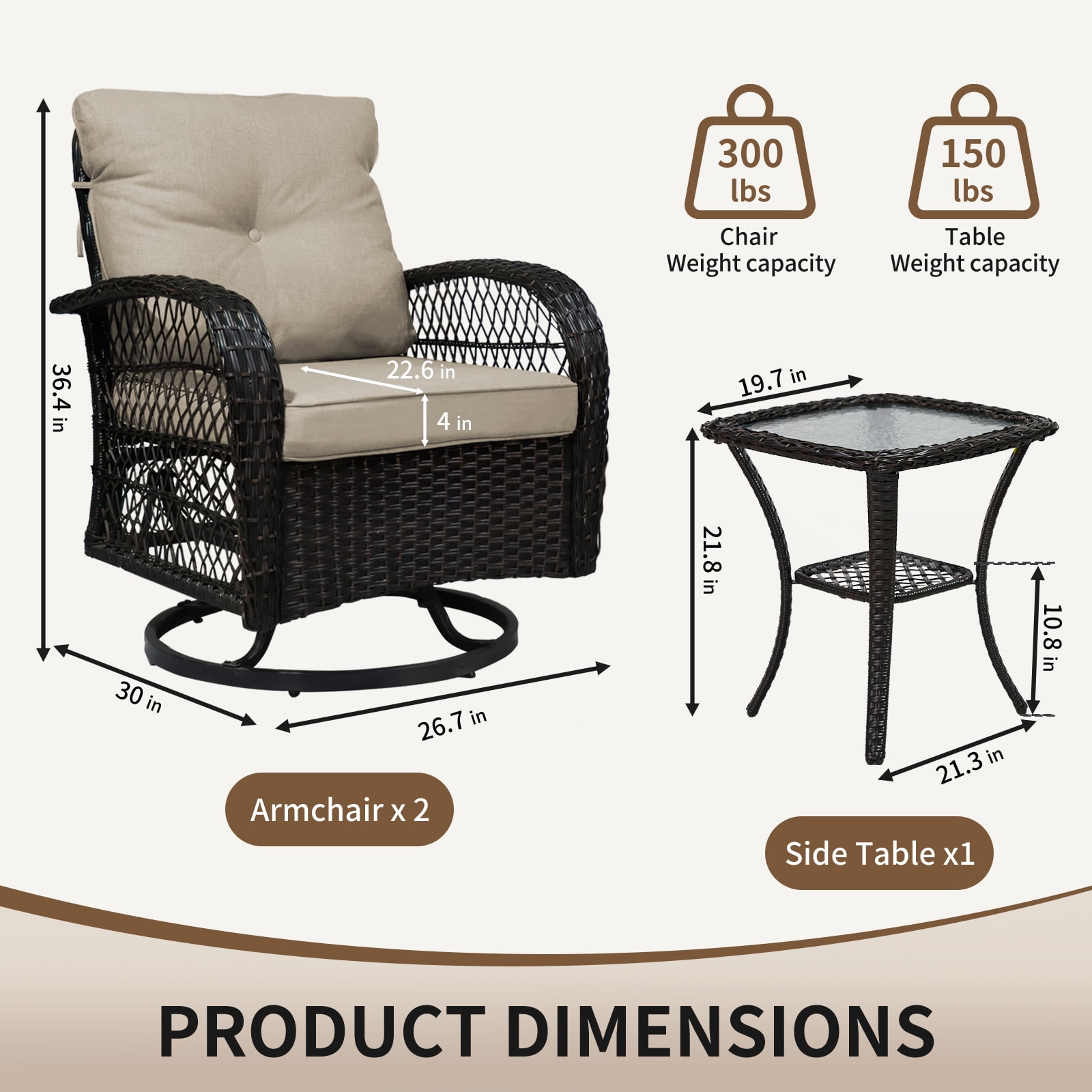 SHGJ&SOFT 3-Piece Patio Conversation Set with Thick Cushions and Glass Table, Modern PE Rattan Outdoor Furniture for Deck, Porch or Garden (Brown)