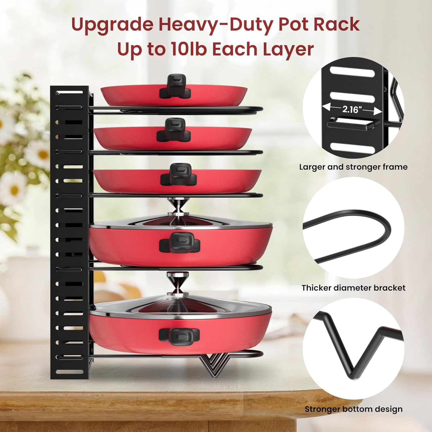 PHANCIR Pots and Pans Organizer Rack, 3 DIY Methods Adjustable 8-Tier Pot  and Pan Rack, Metal Heavy Duty Pot Lid Organizer with Anti-slip Silicone  Pad