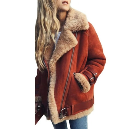 Womens Fleece Fur Biker Aviator Jacket Coat Winter Warm Lapel Outwear Plus (Best Winter Coats For Extreme Cold)