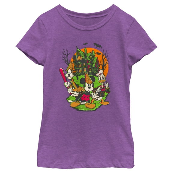 Girl's Mickey & Friends Halloween Haunted House Crew Graphic Tee Purple Berry Small