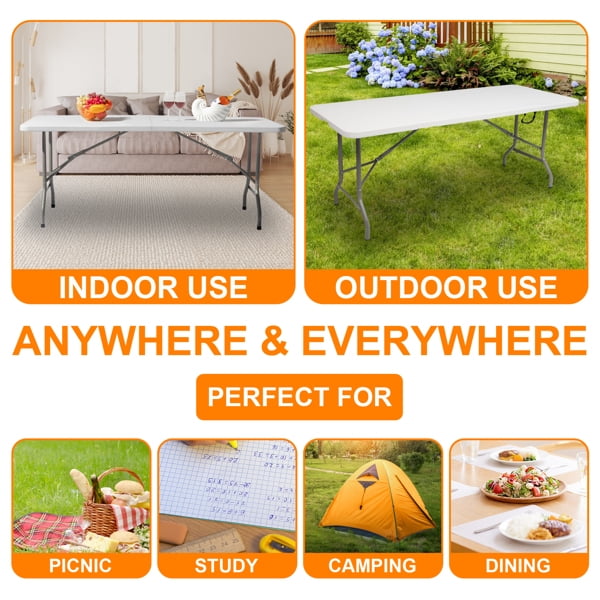 Alvantor 6FT Folding Table, Portable Fold-in-Half HDPE Plastic Dining Table with Powder Coated Steel Frame for Picnic Party Camping,White