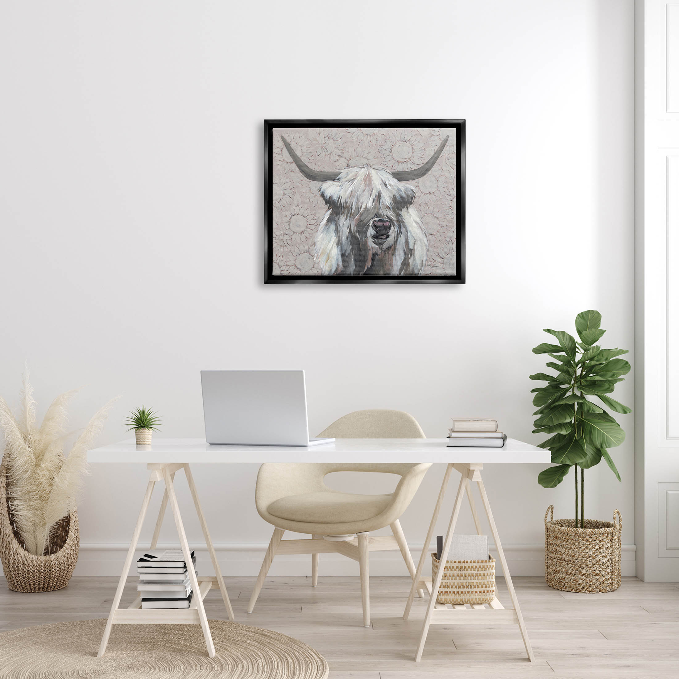 Stupell Industries Gazing Highland Cattle Sunflower Pattern Painting Jet Black Floating Framed Canvas Print Wall Art, Design by Michele Norman