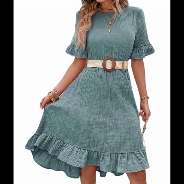 Vestidos de Mujer de Corta, Cintura Alta, Cuello Redondo, Liso, con Volantes, Gris y Azul, Talla S