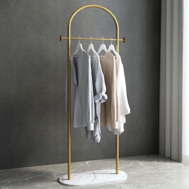 BUZUEY Gold Clothing Rack, Small Clothes Rack with Marble Base, Heavy-duty Coat Racks Freestanding for Boutiques,Modern garment racks for hanging clothes,Can Hang Jacket Garment, Hat, Scarf 20.5" W