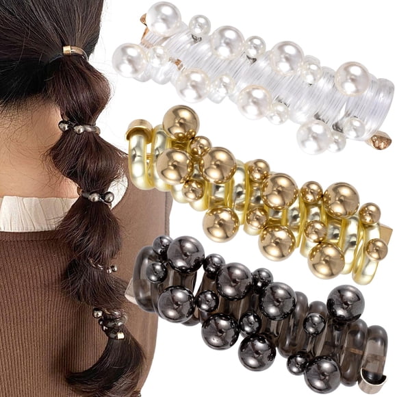SmallCat 3 lazos para el pelo en espiral con cuentas, 3 colores, forma de cordón de teléfono, bandas para el pelo, goma elástica, soportes para cola de caballo para mujeres, sin arrugas, accesorios pa