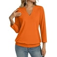 thumbnail image 2 of Womens 3/4 Sleeve Shirts Banded Bottom V Neck Summer Tops Loose Fit Casual Dressy Basic Tees Saffron S, 2 of 5