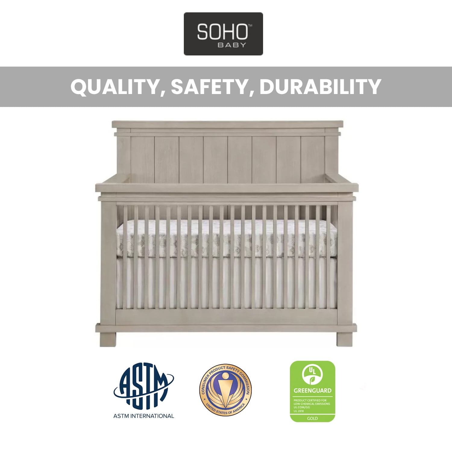 Soho Baby Hampton 4-in-1 Convertible Crib, Stone Wash, GreenGuard Gold Certified