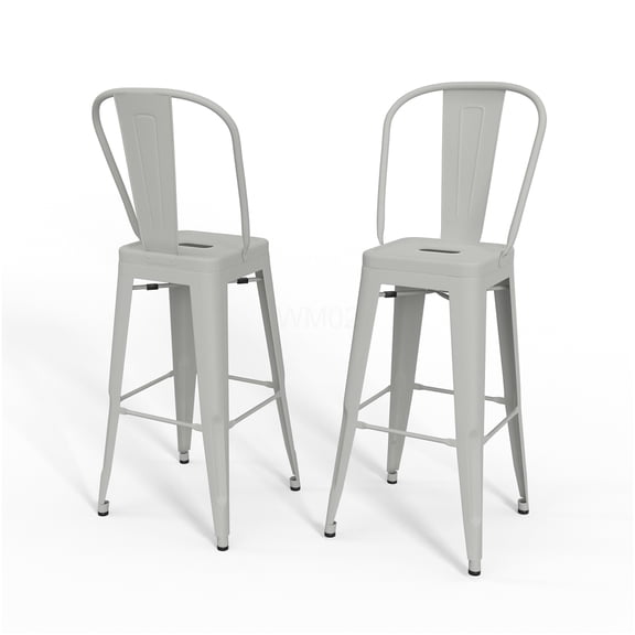 White Metal Bar Stools Set of 2, 30 Inch Height Industrial Counter Stools with Back and Footrest for Kitchen Island, Dining or Game Room