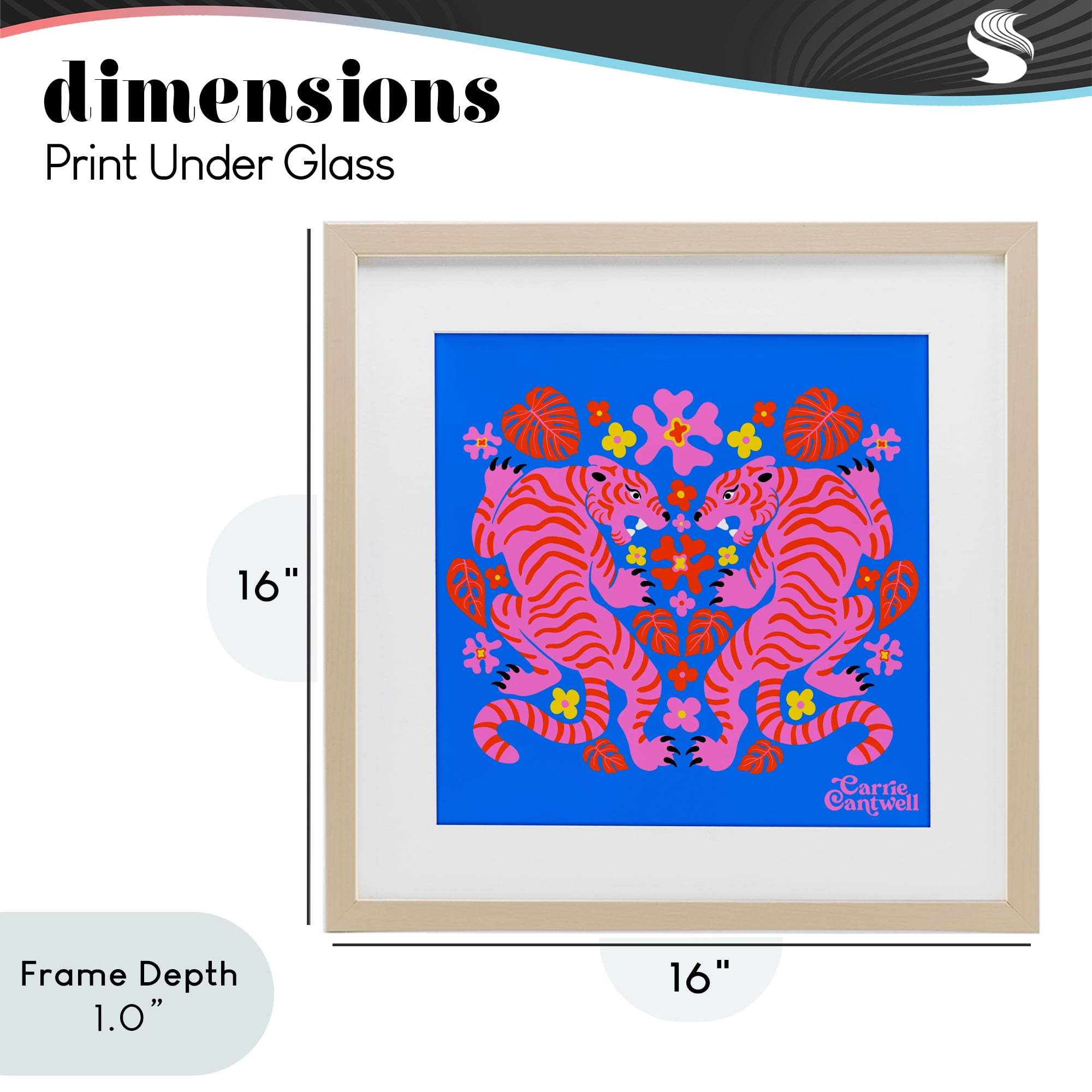 Stupell Industries Pink Tigers and Monstera Birch Framed Print Under Glass, design by Carrie Cantwell