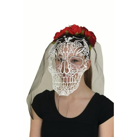 Day of the Day Red Glitter Roses Headband Veil Skull Gems Costume Accessory