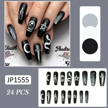 

24PCS Long Press on Nails Black Graffiti Sweet Style Full Coverage Nails with Jelly Gel/Glue Finished Nails Piece Removable Save Time Artificial Nails Glue Models
