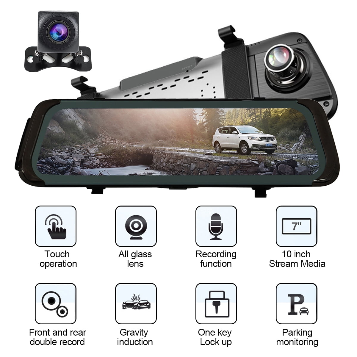 10" Car Dash Camera DVR Touch Screen Monitor Mirror Wireless Reverse