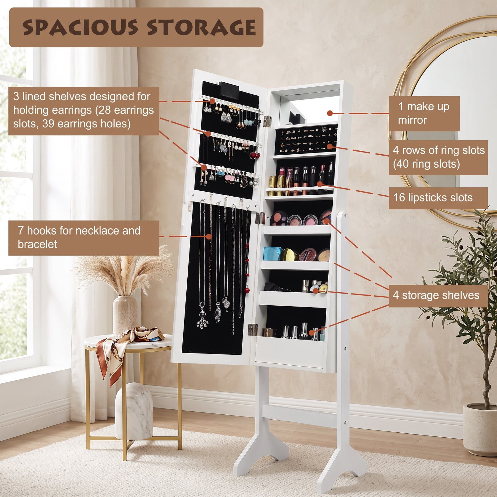 Furnibear Mirrored Jewelry Cabinet Armoire Organizer w/ LED lights for Bedroom Dressing Room Jewelry Necklace Rings Storage Mirror, White
