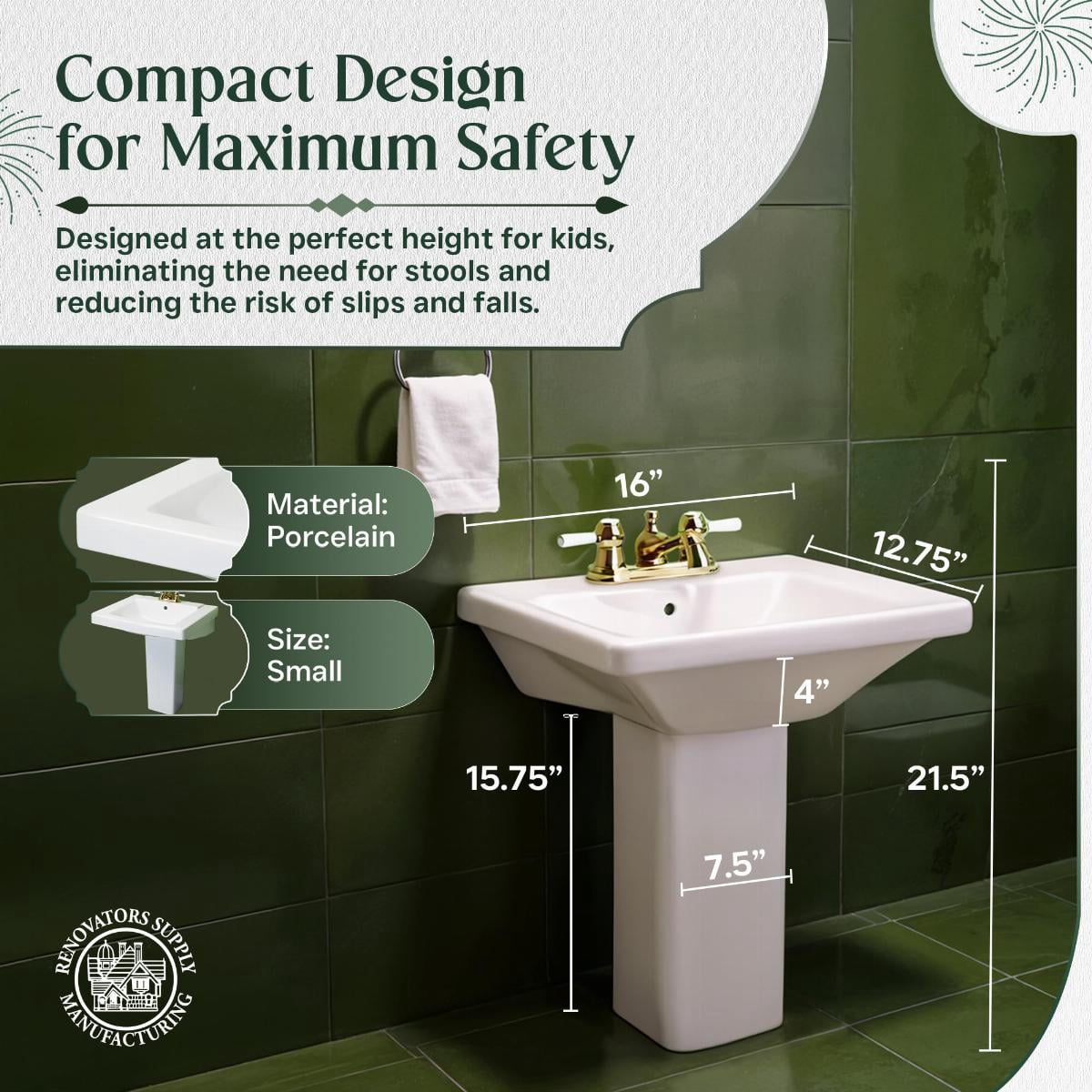 Renovators Supply WeeWash Child Size Pedestal Sinks for Kids Bathrooms 16" W White Porcelain Bathroom Pedestal Sink Pack of 2