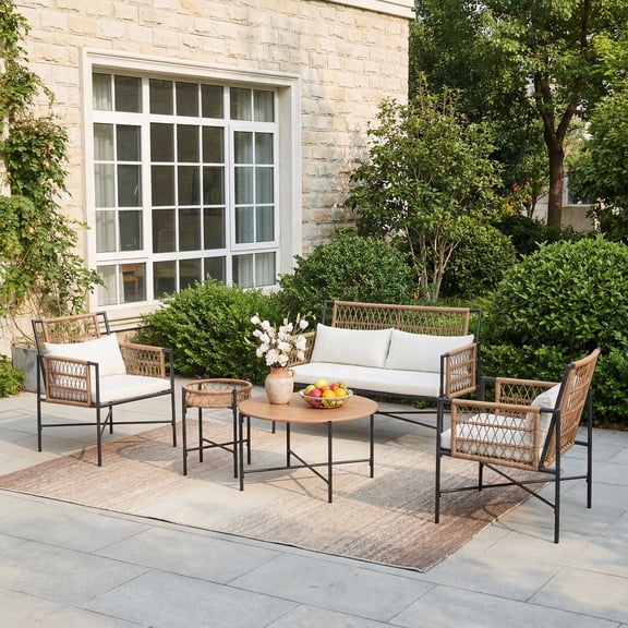 KAMEROUT 5 Pieces Outdoor Furniture Set, Patio Wicker Conversation Set with Beige Cushions for Porch, Balcony, Garden