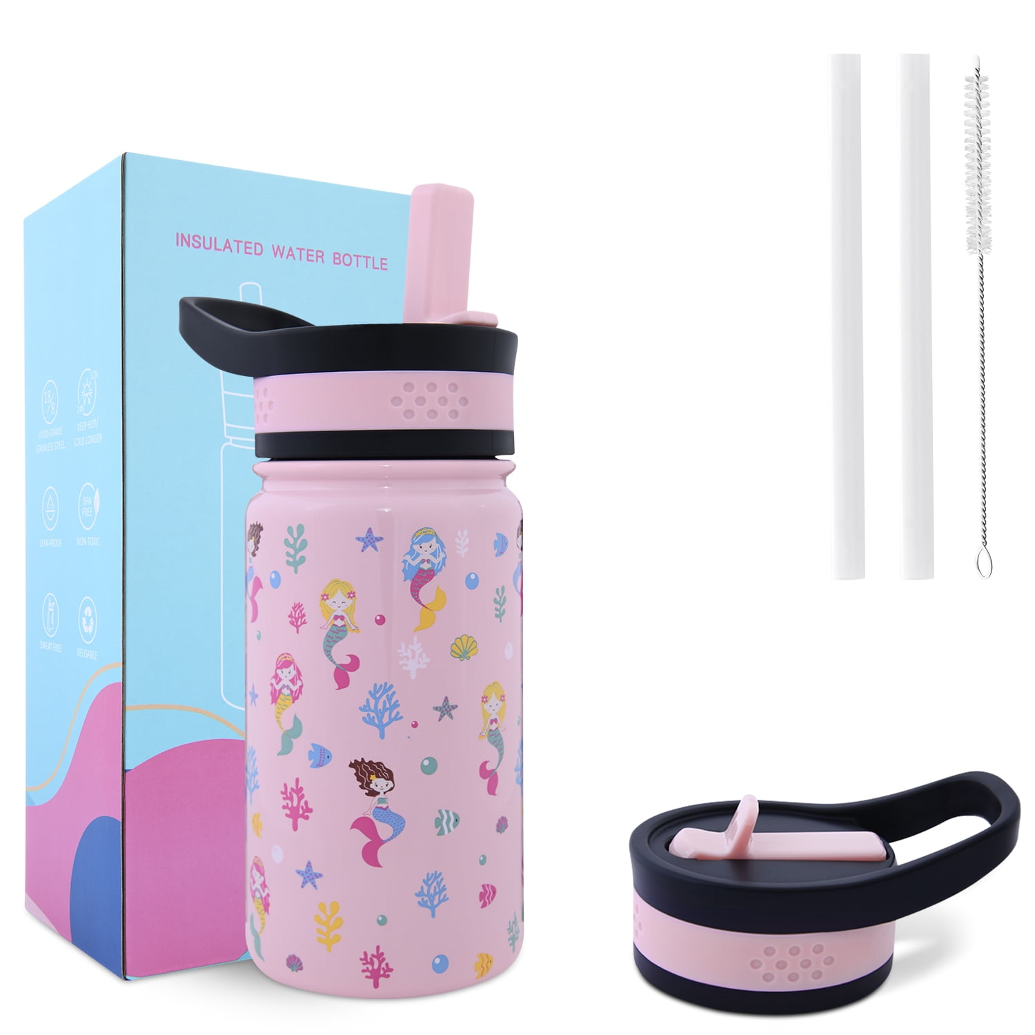 Kids Stainless Steel Insulated Water Bottle Vacuum with Staw 13 oz, Red Unicorn