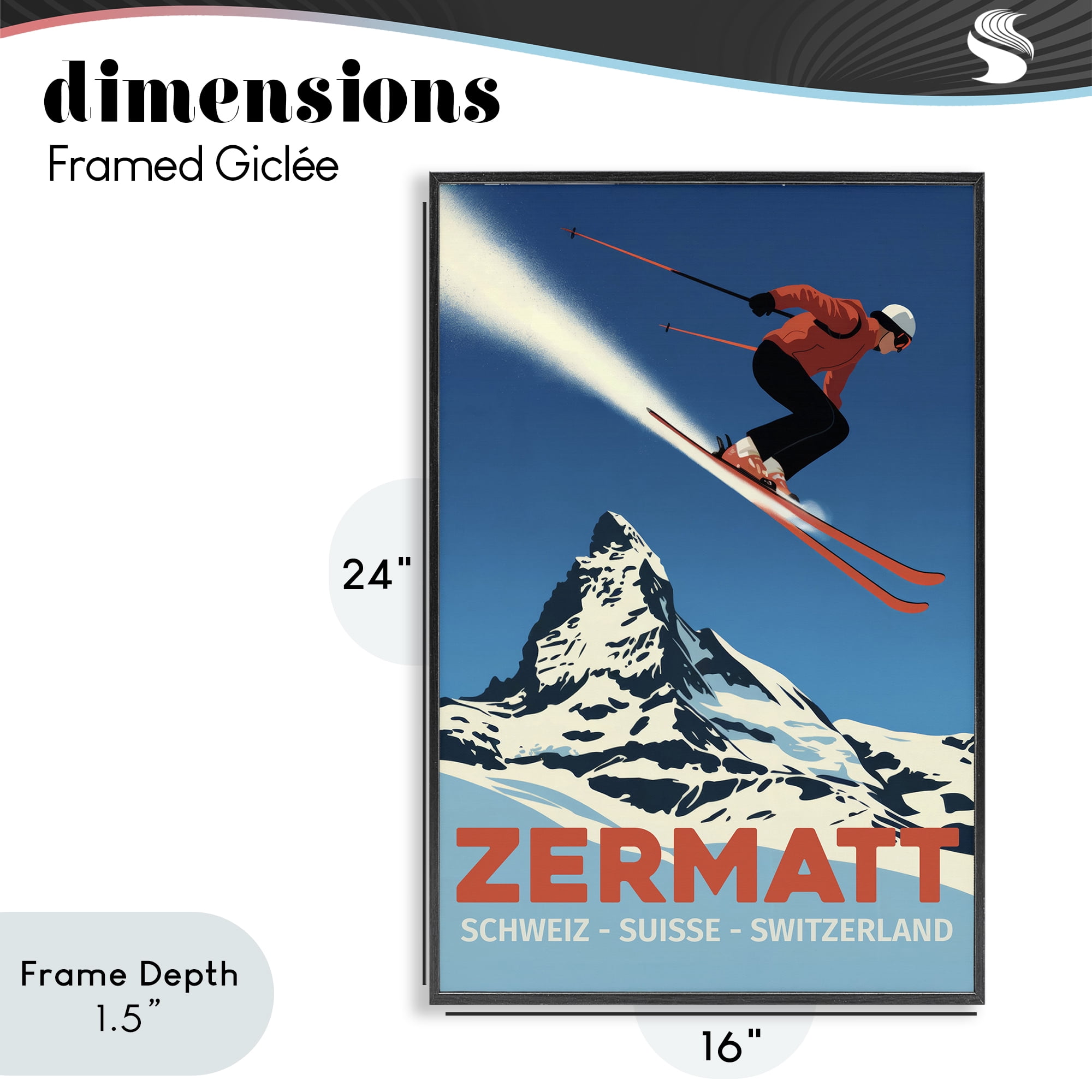 Stupell Industries Zermatt Ski Poster Black Framed Giclee Art, design by Andreas Magnusson