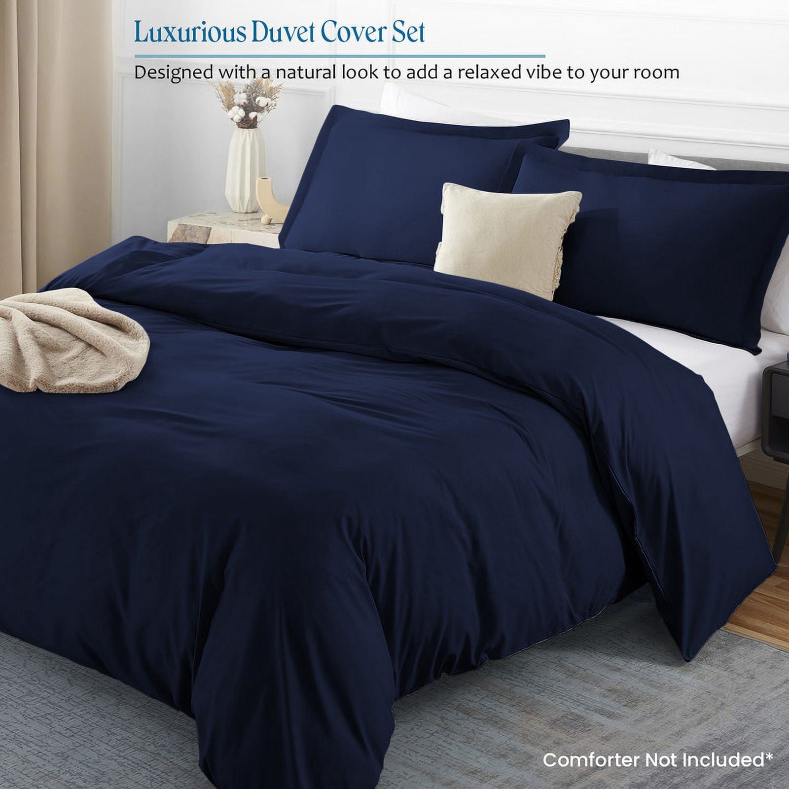 Pure Pima Cotton 3-Piece Duvet Cover Set – 800 Thread Count Luxury Bedding, Button Closure Full/Queen 90" x 90" - Navy