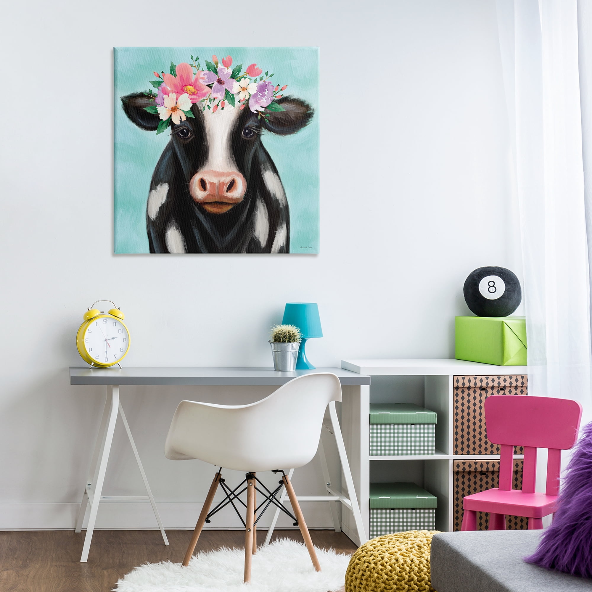 Stupell Industries Cow with Pastel Flowers Animals & Insects Painting Gallery Wrapped Canvas Art Print Wall Art, 30 x 30