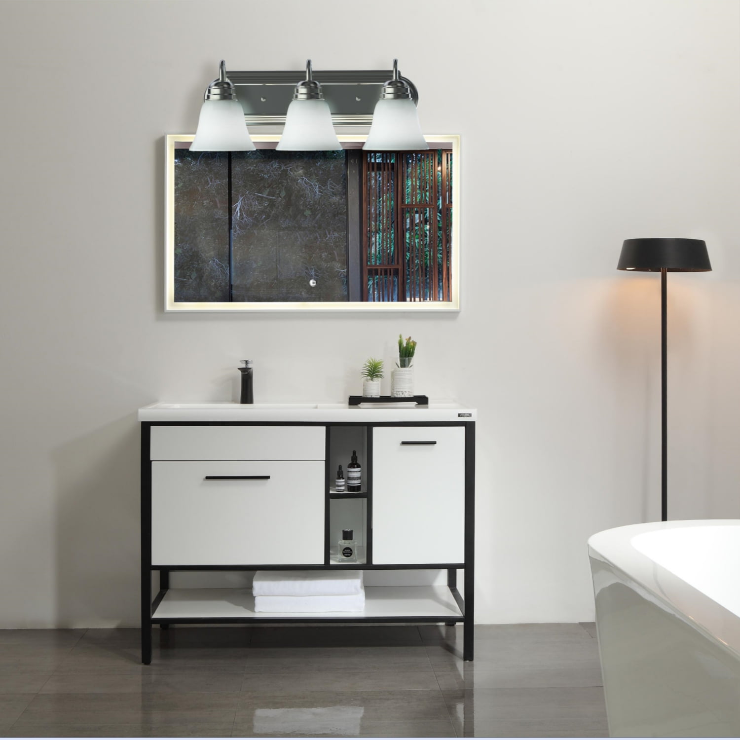 Mainstays 19.69in Classic LED Bathroom Vanity Light for Mirrors, 3 Alabaster Shades E26 Base, Satin