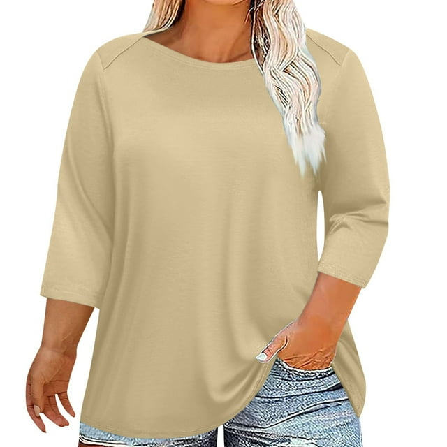 YFELWZ Hauts pour Femmes Grande Taille Décontractés Col Rond Manches Trois Quarts T-Shirt Uni Maison Extérieur Kaki G