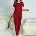 thumbnail image 7 of VISALY Womens Pajama Sets Matching Pajama Set Sleepwear Comfy Lounge Set Soft Short Sleeve Round Neck Top Loose Pajama Pants Long Jogger Bottom Red M, 7 of 7
