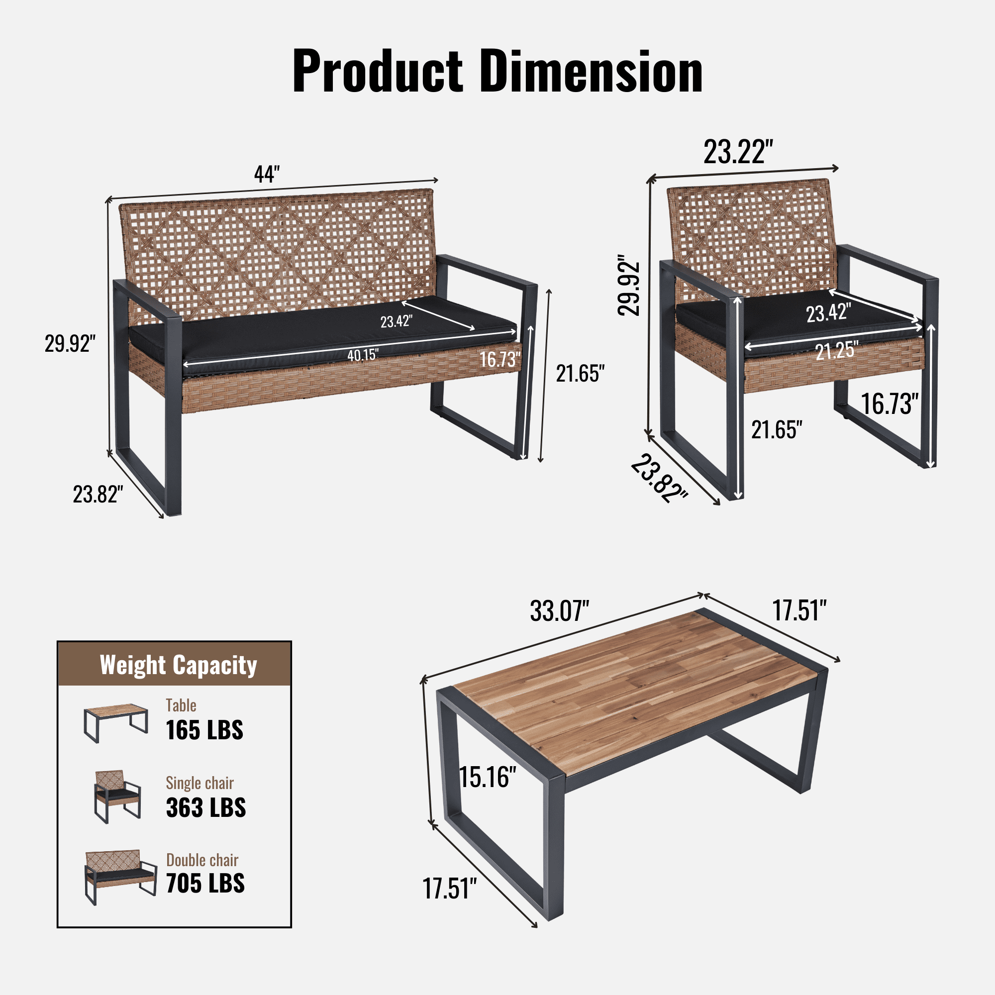 4-Piece Outdoor Patio Conversation Set, All-weather Wicker Conversation Set w/Cushions,Light Brown