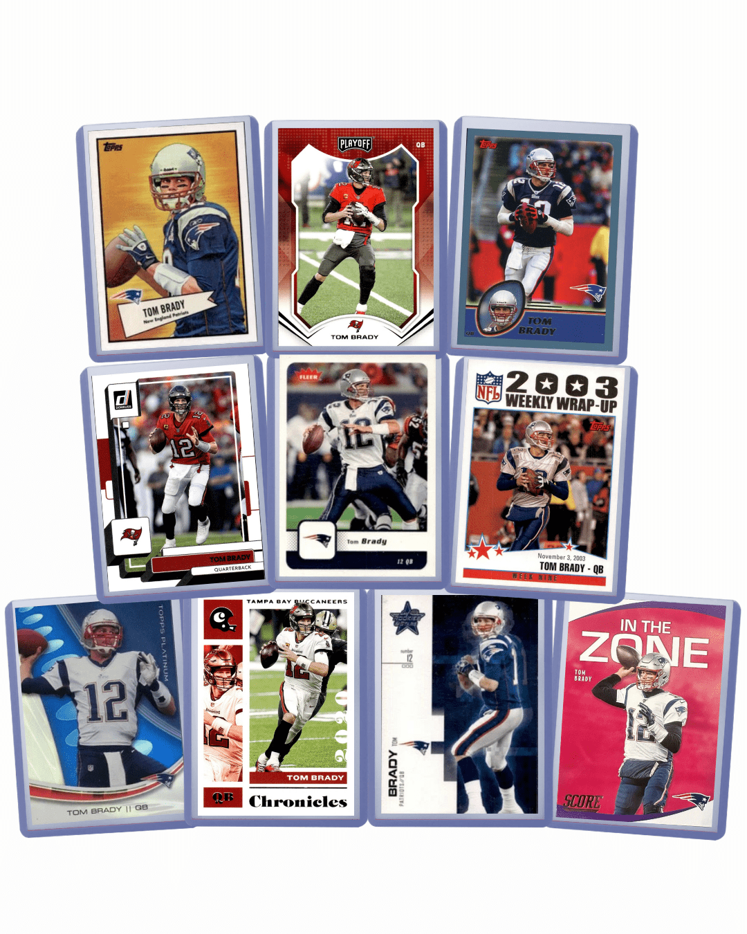 Tom Brady 10-Card Assorted Lot – Topps, Panini, Upper Deck – NFL Football Cards