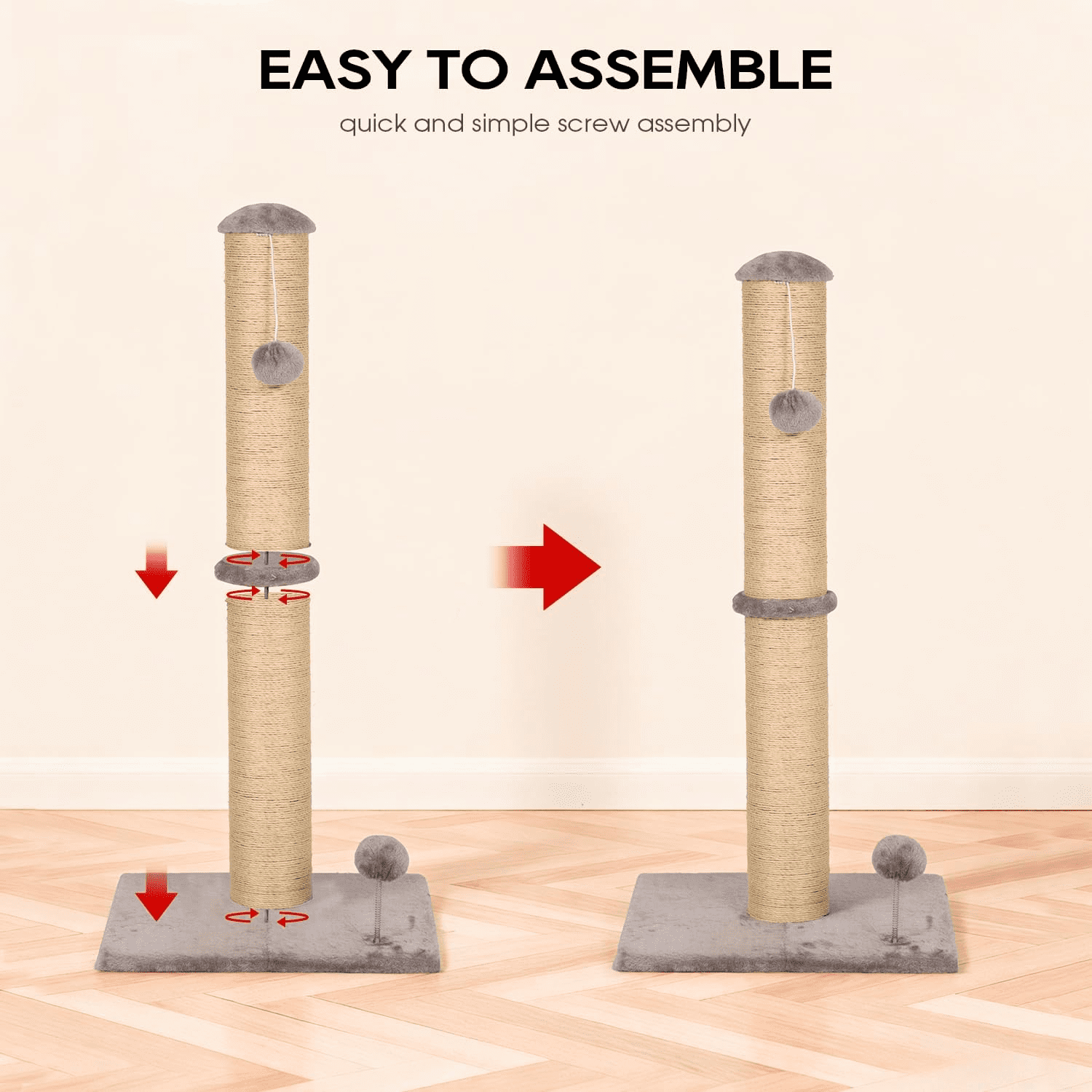 BORGEBY 33 Inch Cat Scratching Post, Natural Sisal Rope Cat Scratcher with Hanging Ball Toy for Indoor Cats and Adults ,Light Gray