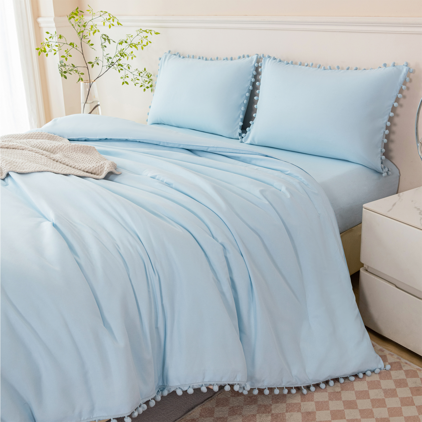 RYNGHIPY Pom Fringe Bed Comforter Set Queen Size for Girls 3Pcs Baby Blue Comforter Set Solid Fluffy Bedding Set for All Season Soft Bed Set with Comforter(Light Blue,Queen)