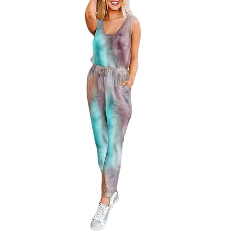 

Spftem Women SleevelessTie-Dye Long Pajamas Set One Piece Jumpsuit Loose Sleepwear