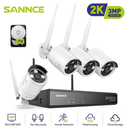 SANNCE 3MP H.265+ NVR Home Security Camera System, 8CH 5MP Surveillance NVR with 1TB Hard Drive, 4 Wireless 3MP IP Surveillance Bullet Cameras, Dual WiFi, Human AI Motion Detection, 100ft Night Vision