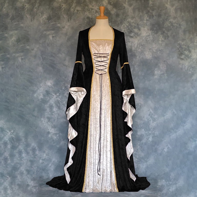 ZVAVZ Womens Wedding Guest Medieval Costume Dress Flare Sleeve Lace up Over  Long Dresses Irish Fairy Wedding Guest Dress for Black,M - Walmart.com