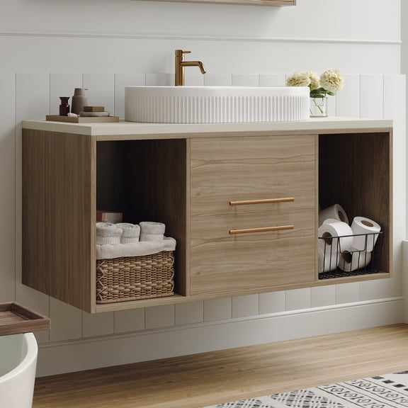 38.2" Wall Mounted Bathroom Vanity with Sink, Modern Floating Bathroom Cabinet with Ceramic Sink & 2 Drawers, Wood Hanging Bathroom Cabinet with Open Shelves, White & Wood