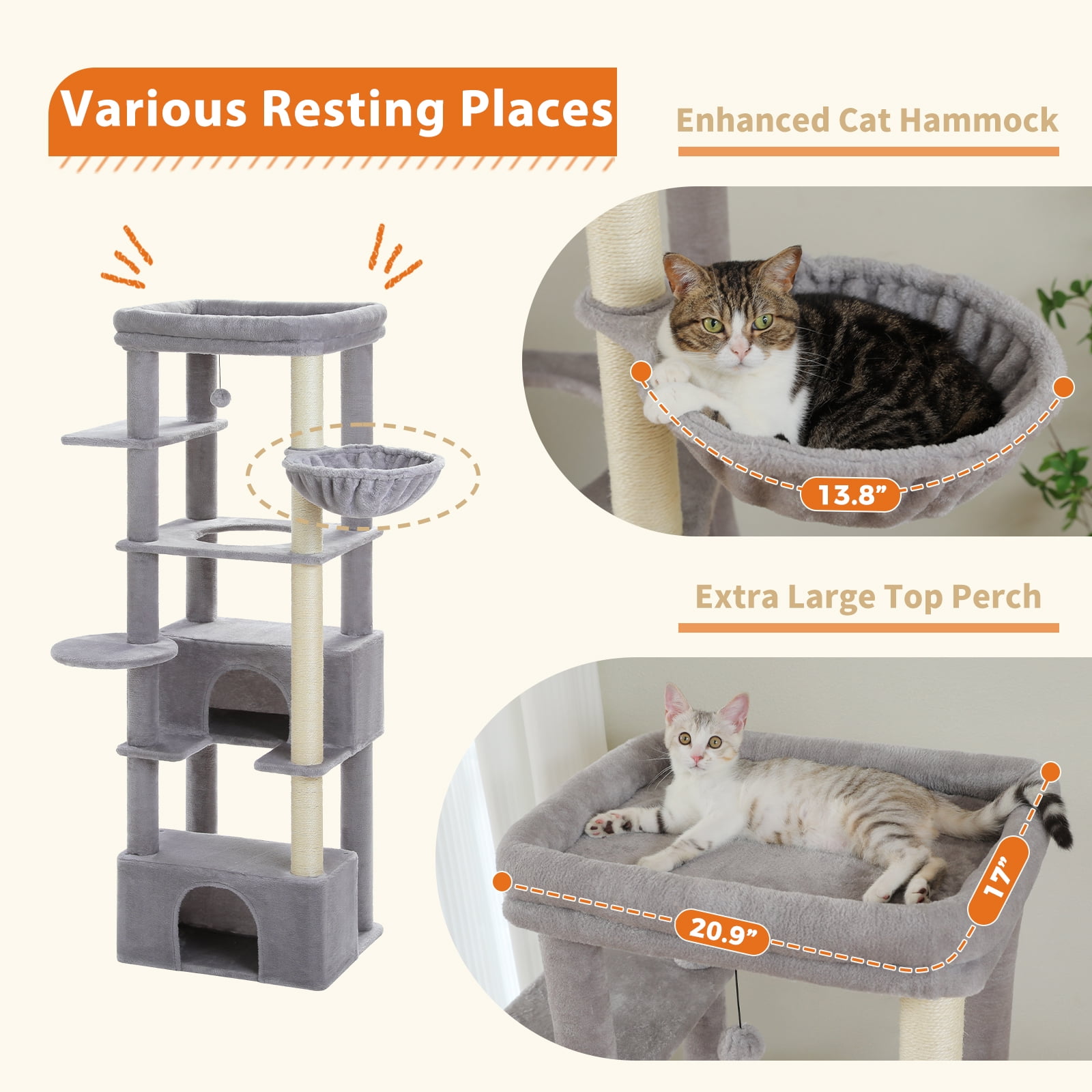 Pefilos 68" Tall Cat Tree Tower for Indoor Big Cats with Extra-Big Top Perch [21" x 17"], 2 Large Condos, Scratching Post and Cozy Hammock, Gray
