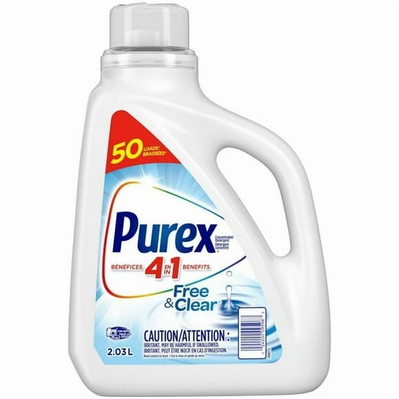 Purex Détergent à Lessive Liquide Concentré 4 en 1, Sans Parfum et Sans Colorant, 2,03 Litres, 50 Brassées, 2,03 Litres, 50 Brassées