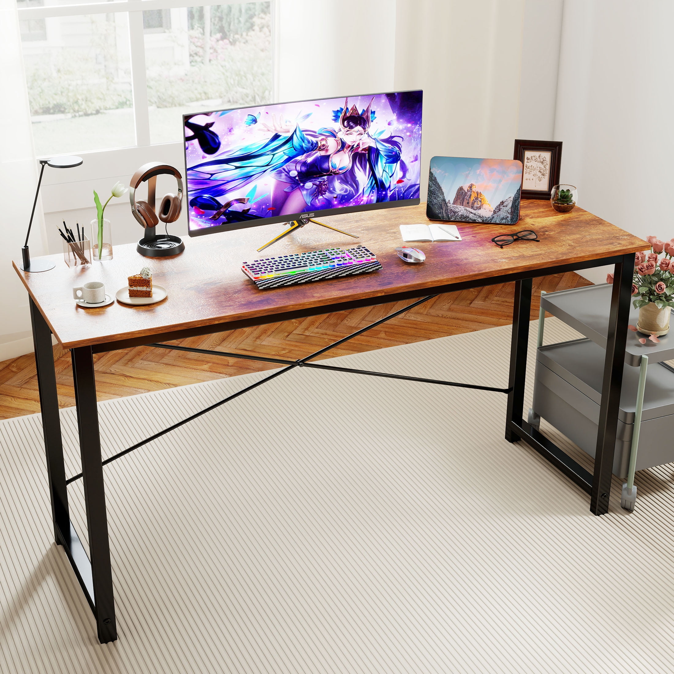 EDX Computer Desk 55 Inch Writing Desk with Storage Bag Iron Hook