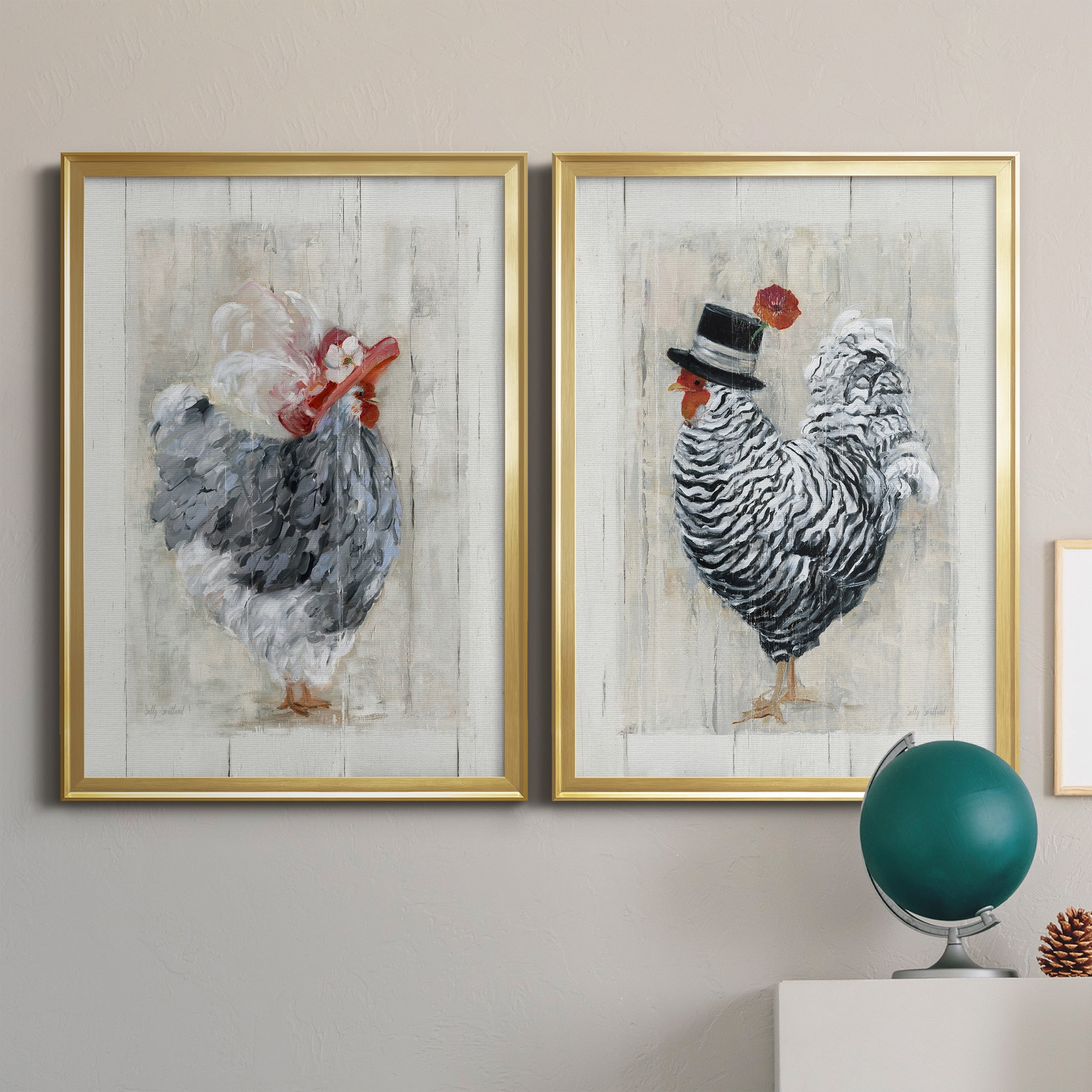 2 Piece Set Sunday Best Hen Premium Framed Canvas - Ready to Hang - 26.5 x 36.5 Each - Gold Frame