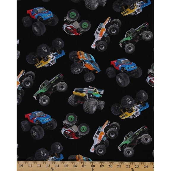 Cotton Monster Trucks Crushers Dirt Sports In Motion Black Cotton Fabric Print by the Yard (396-black)