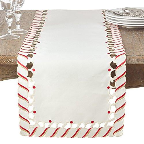 Saro Lifestyle Candy Cane Stripe Border Christmas Holiday Table Runner, Ivory, 16" x 108"